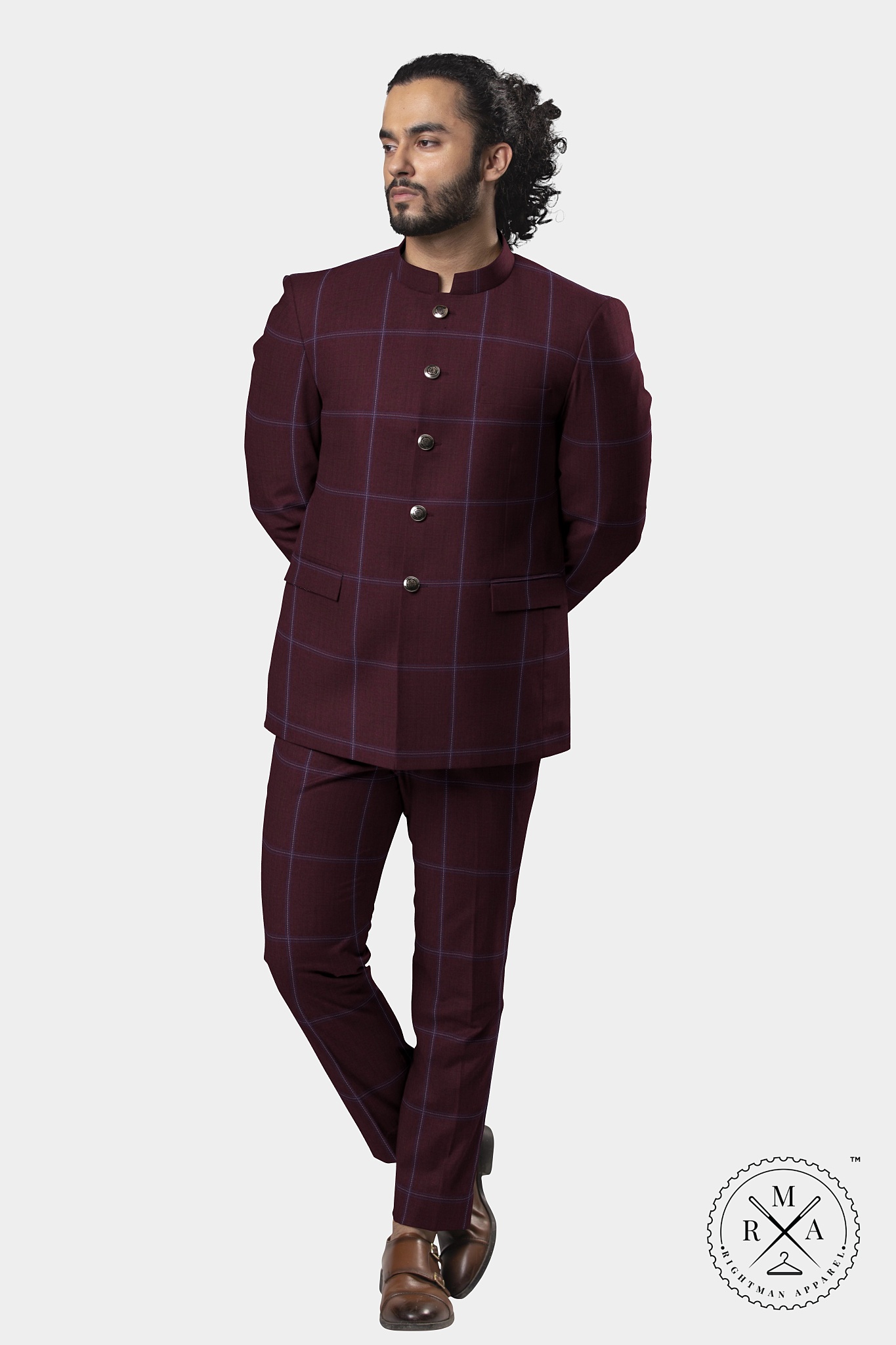 Royal Wine Jodhpuri Suit With Windowpane Pattern SU55